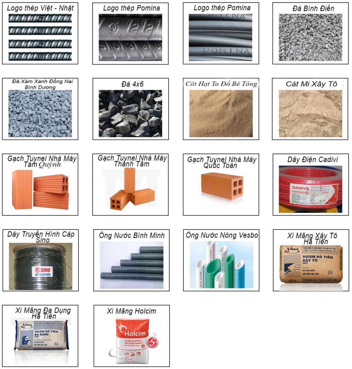 chủng loại vật tư cần cho công tác xây thô 
